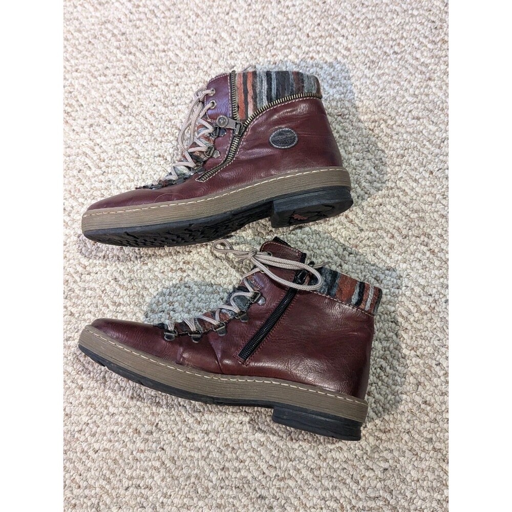 Rieker Felicitas Ankle Boots Womens 40 US 9 Burgundy Red Leather Knit Zipper